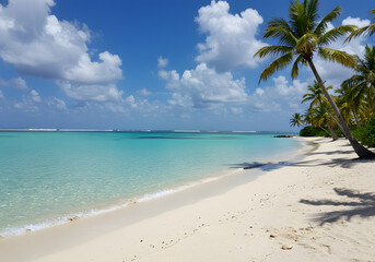 Fototapeta premium Stunning Tropical Beach Scene: Azure Waters, White Sand, and Swaying Palm Trees under a Sunny Sky