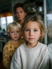 Close-up of young girl with blue eyes and wavy hair standing by window with her mother and brother in background indoors