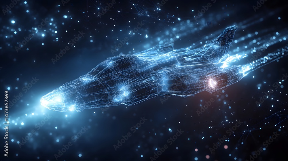 Aufkleber Futuristic spacecraft gracefully navigates the cosmos. Wireframe design evokes advanced tech, digital realms and space exploration. Sparkling lights add depth. Abstract wireframe in dark blue