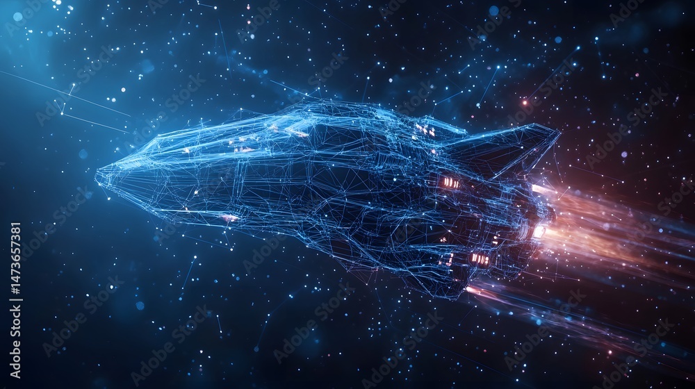 Fototapete Futuristic spaceship hurtling through deep space. Glowing blue wireframe design with fiery engines against a starry backdrop evokes speed and technological prowess. Abstract wireframe in dark blue