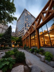 Fototapeta premium Modern urban office building with wooden accents and landscaped garden at dusk in downtown city