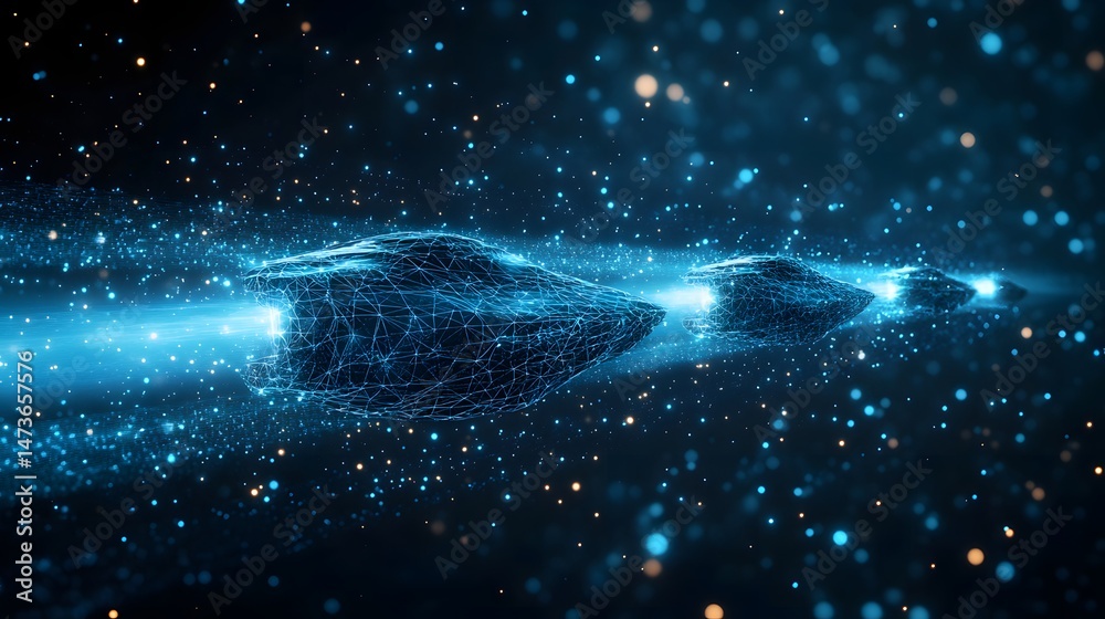 Fototapete Futuristic interconnected spaceships glide through a mesmerizing starlit cosmos. Blue and yellow bokeh lights create depth. A captivating exploration scene. Abstract wireframe in dark blue.