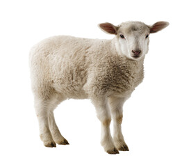 Fototapeta premium Cute lamb standing on a green pasture in spring season on a transparent background, cut out