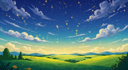 Obraz premium Pixel Art Night Landscape with Yellow Field and Sparkling Sky