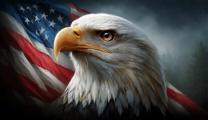 Naklejka premium Majestic Bald Eagle Soaring near American Flag Patriotic Bird Wildlife Nature