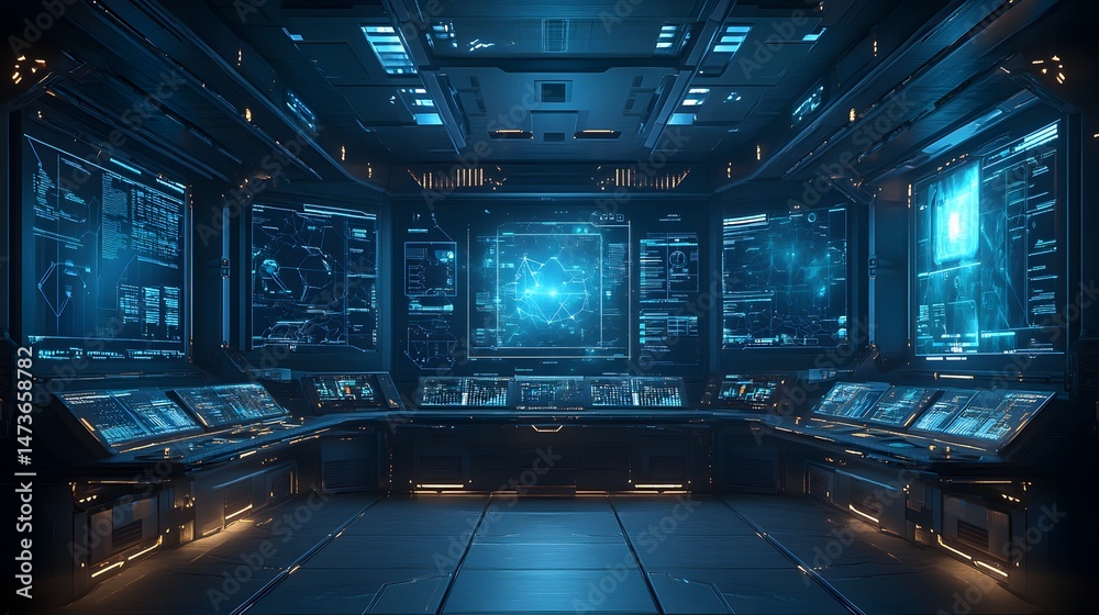 Leinwandbilder Futuristic control room with large screens displaying complex data and interconnected networks, consoles filled with advanced controls. Strategic monitoring center. Abstract wireframe in dark blue.