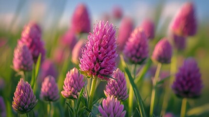 Pink clover blossoms in a field