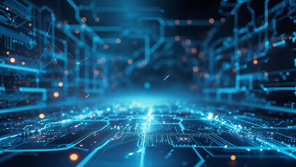 Futuristic digital circuit board with glowing blue lights