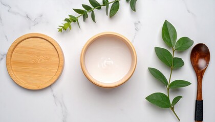 Natural kitchen decor minimalist wooden bowl and utensils display on marble surface indoor setting aesthetic concept