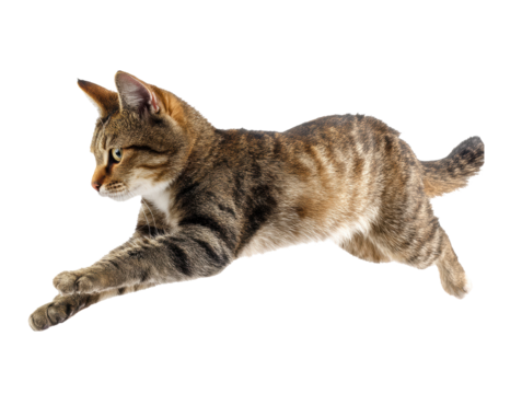 Agile cat jumping in mid-air capture of playful moment on a transparent background, cut out