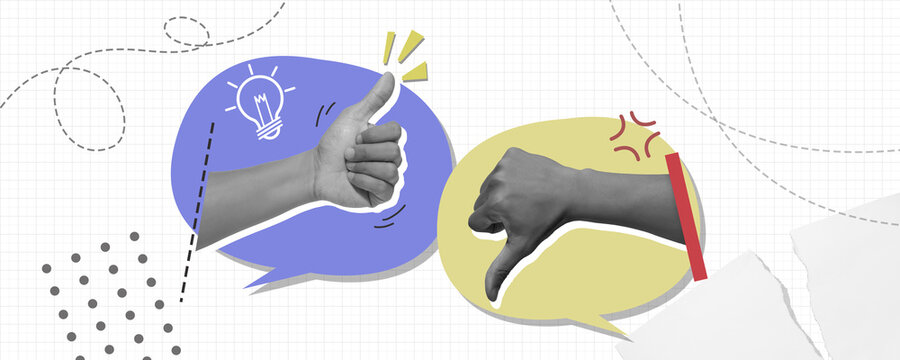 closeup of arm showing thumb up and thumb down gesture that symbolizes an agree, disagree inside speech bubble that symbolizes an Voting Rights. collage style