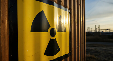 Radioactive symbol on yellow warning sign attached to metal container at industrial facility. Universal hazard notification for nuclear materials handling, radiation safety protocols