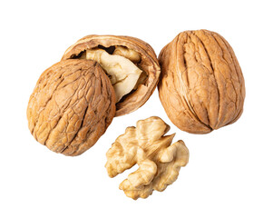 Walnuts with open shell showing the edible seed on transparent background