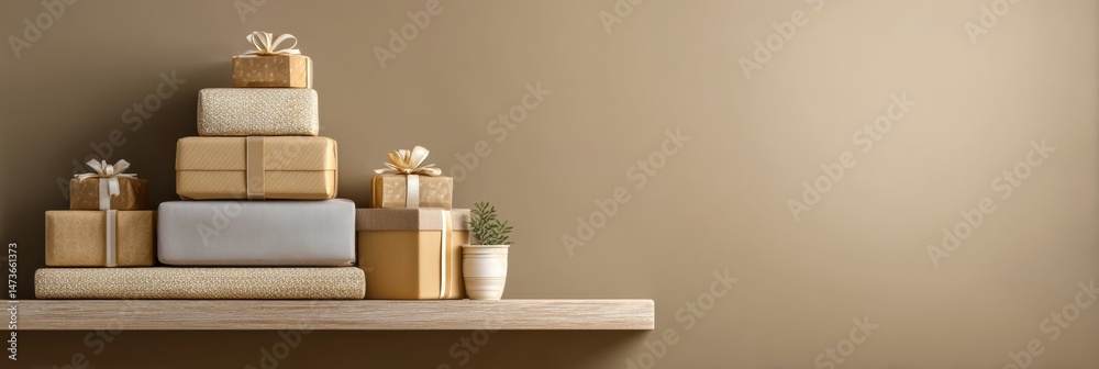 Poster Presents Stacked Neatly on a Minimalistic Shelf With Ample Negative Space Above, Creating a Serene Holiday Atmosphere