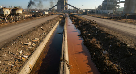 Fototapeta premium Industrial drainage channel with contaminated rusty water flowing past factory with smoke stacks. Environmental pollution issues for ecological impact assessment and water quality monitoring