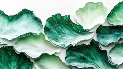 Fototapeta premium Decorative green cabbage leaves arranged artistically on a white background for design inspiration and culinary presentation