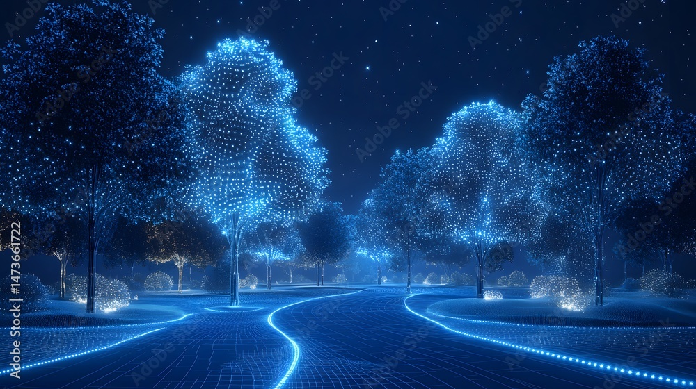 Poster enchanting nocturnal park scene with glowing blue trees lining a winding, illuminated path under a s