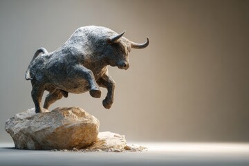 Dramatic, leaping bull sculpture atop a rock.
