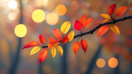 Vibrant Autumn Leaves on a Branch with Soft Bokeh Background