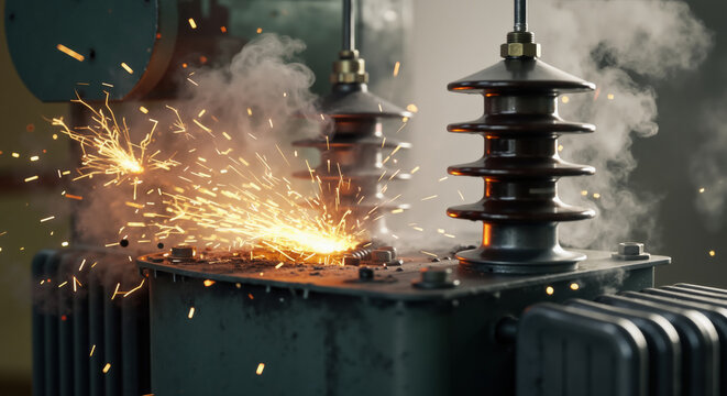 Electrical transformer with bright sparks shooting from damaged section and smoke rising between insulators. Power equipment failure for electrical safety training