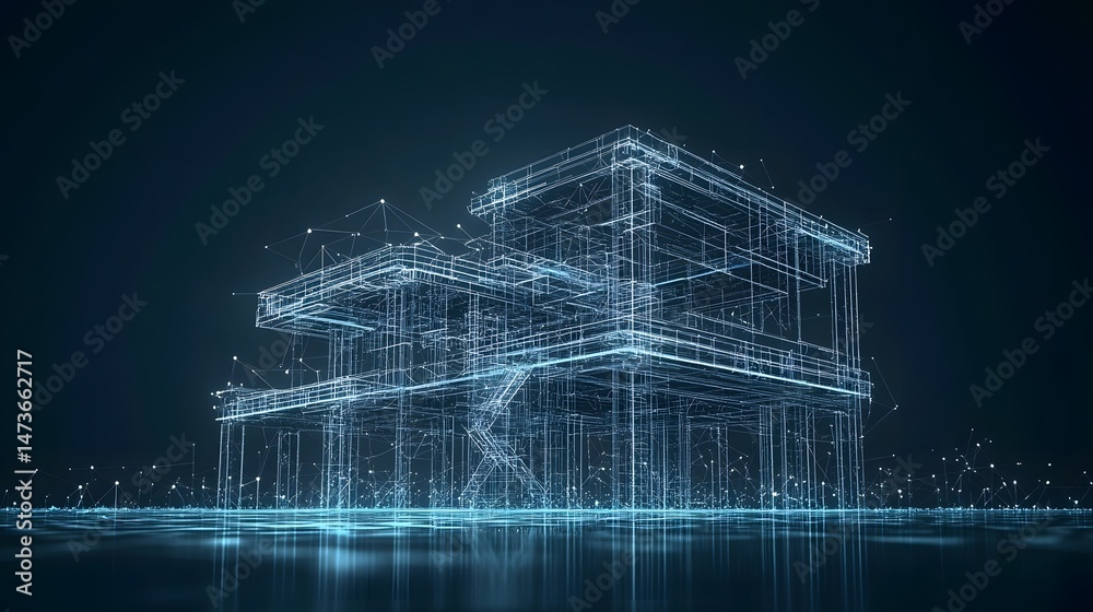 Aufkleber Futuristic building blueprint rendered as a luminous wireframe against a dark backdrop. Showing modern design and interconnected elements. Abstract wireframe in dark blue.