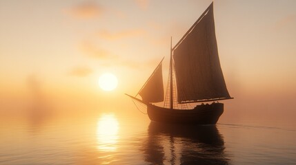 Ancient ship at golden sunset