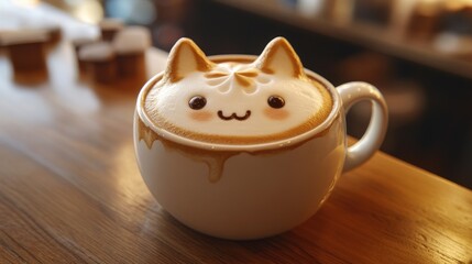 Cute cat latte art on wooden counter