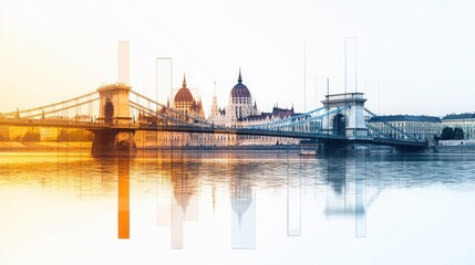 Naklejka premium Double Exposure Artistry Featuring Budapest's Iconic Bridges and Parliament Building