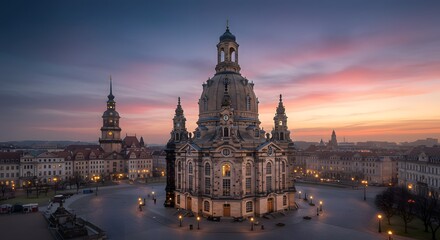 Obraz premium Cityscape View of Large Church and Tower at Sunset
