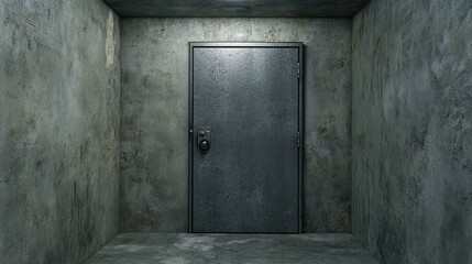 A steel door in a small, dark, concrete room