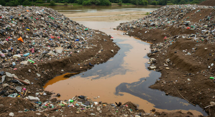 Contaminated river flowing between garbage piles at illegal dump site with muddy brown water. Environmental disaster with waste leaching toxins into waterway for pollution awareness