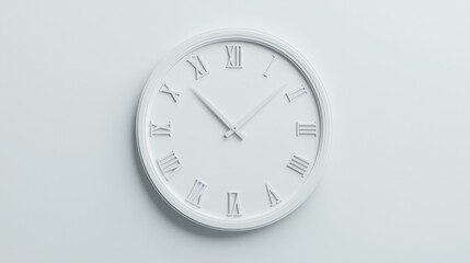A white analog clock with Roman numerals and black hands.