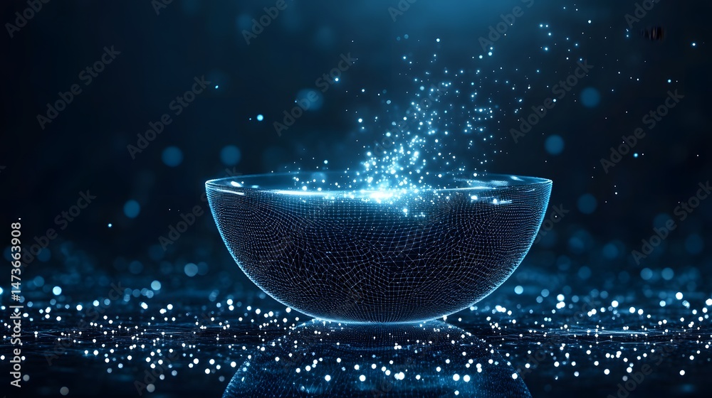 Aufkleber Abstract wireframe bowl emanating ethereal blue particles against a deep blue backdrop. The reflective surface adds depth to this digital art piece. Captivating abstract wireframe in dark blue.