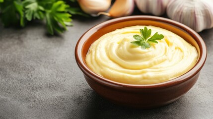 Creamy garlic aioli in a brown bowl, garnished with parsley, surrounded by fresh garlic and herbs.