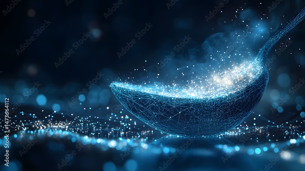 Leinwandbilder a digitally rendered ladle filled with glowing particles against a blurred, bokeh-filled backdrop. e