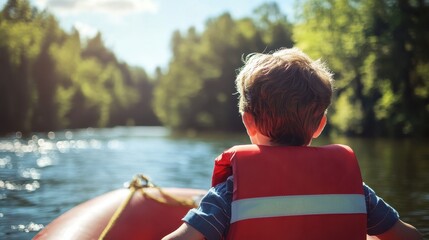 Fototapeta premium Boat Life Jacket. Fun Water Activities with Safety Floatation Device on Sunny Summer Day