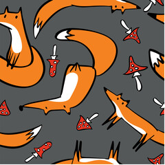 fox doodle seamless pattern kid drawing. Vector illustration
