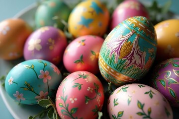 Fototapeta premium Close-up of intricately decorated Easter eggs, showcasing religious symbols A symbol of faith and springtime , artwork, artistic, Easter egg