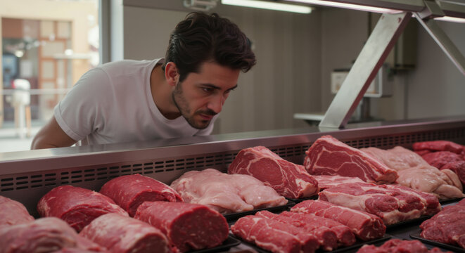 Man in white t-shirt examining fresh meat cuts in butcher shop display case with various beef and pork options. Food shopping experience for cooking preparation, meat selection and quality assessment - Powered by Adobe
