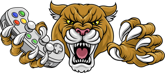 Cougar, panther, mountain lion or puma wildcat cat gamer sports mascot holding a video game controller