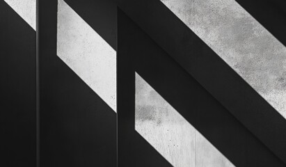 Fototapeta premium Abstract grayscale pattern of overlapping diagonal shadows on textured concrete. Sharp angled lines create geometric shapes. Light and dark contrast