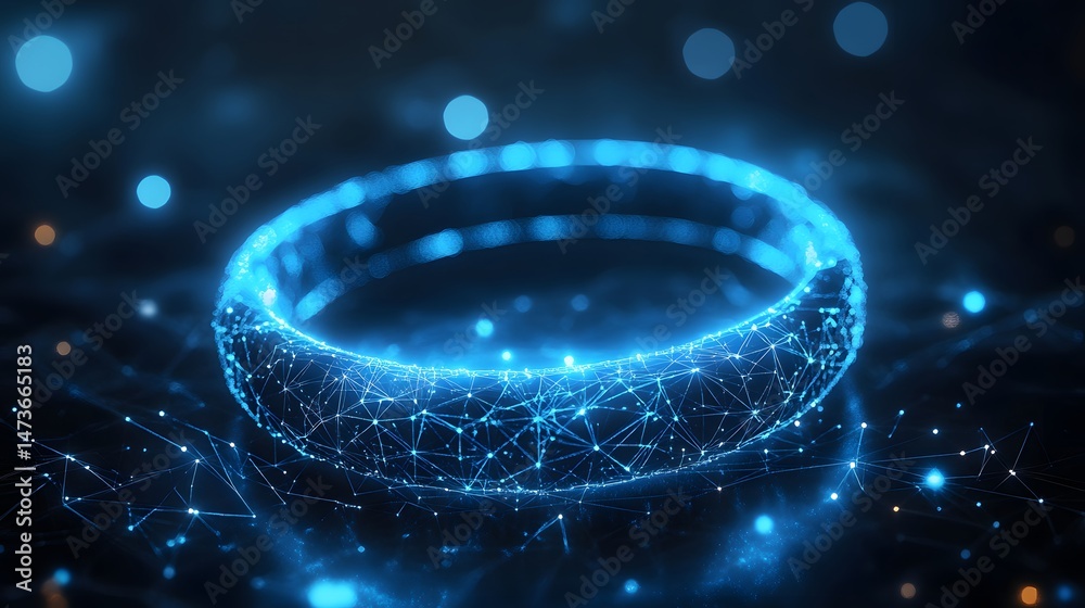 Poster Glowing blue torus of interconnected lines and nodes creates a digital network effect. Bokeh adds depth to futuristic concept. Abstract wireframe in dark blue.