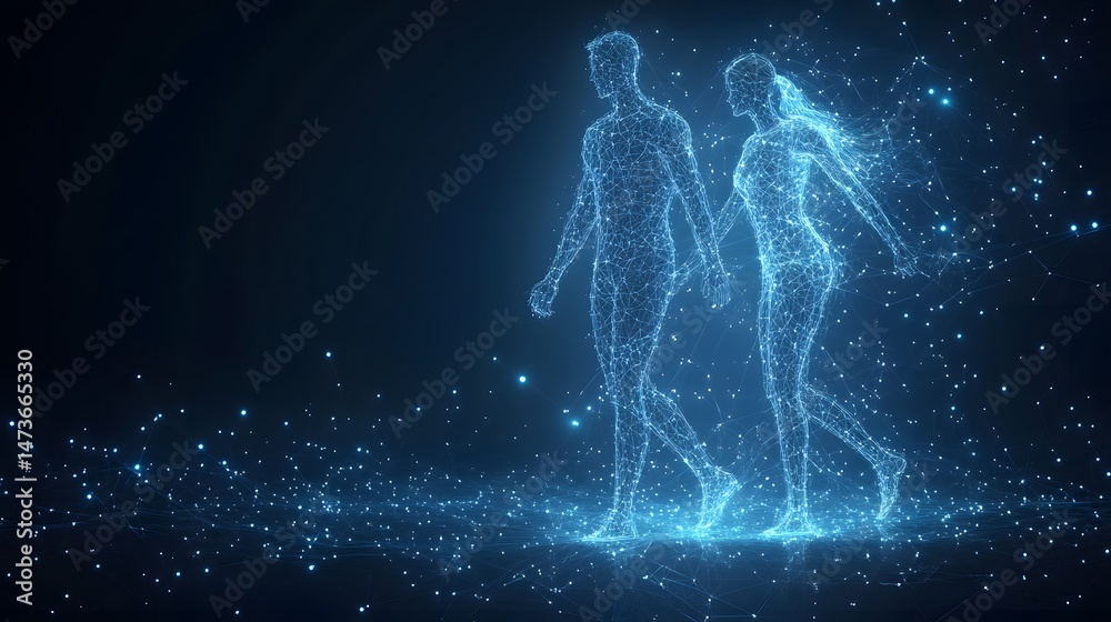 Poster Futuristic figures connect in the dark, their wireframe forms glowing blue. A digital path unfolds before them, symbolizing connection. Abstract wireframe in dark blue