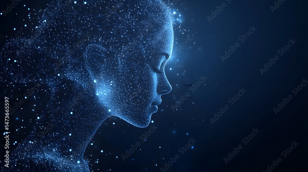Aufkleber futuristic digital portrait of a human face in profile, rendered as a blue network of interconnected