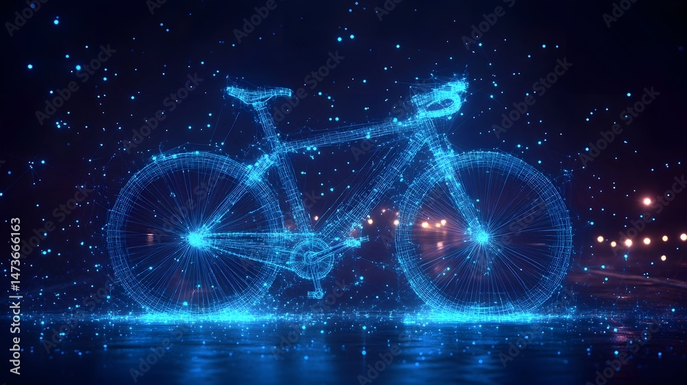 Poster futuristic road bike rendered in glowing blue lines and points. holographic design with bokeh lights