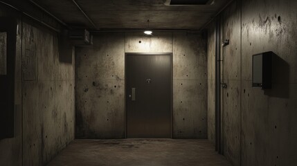 Dim hallway with a dark door
