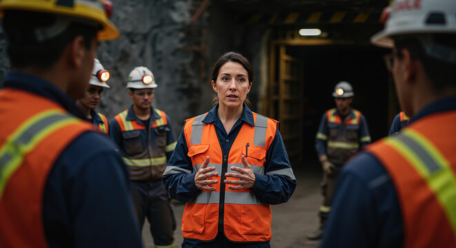Female mining engineer briefing team of workers in safety vests at underground site. Leadership and communication in hazardous workplace focusing on operational safety