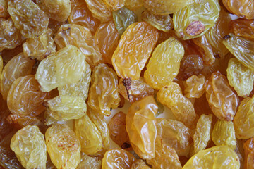 Pile of pale yellow colored raisins, as full background