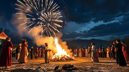 A group of people in traditional Persian attire celebrating Nowruz, with a bonfire in the background and fireworks in the sky
