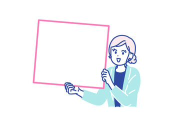 若い女性がフリップボードを持ってお知らせしているイラスト素材